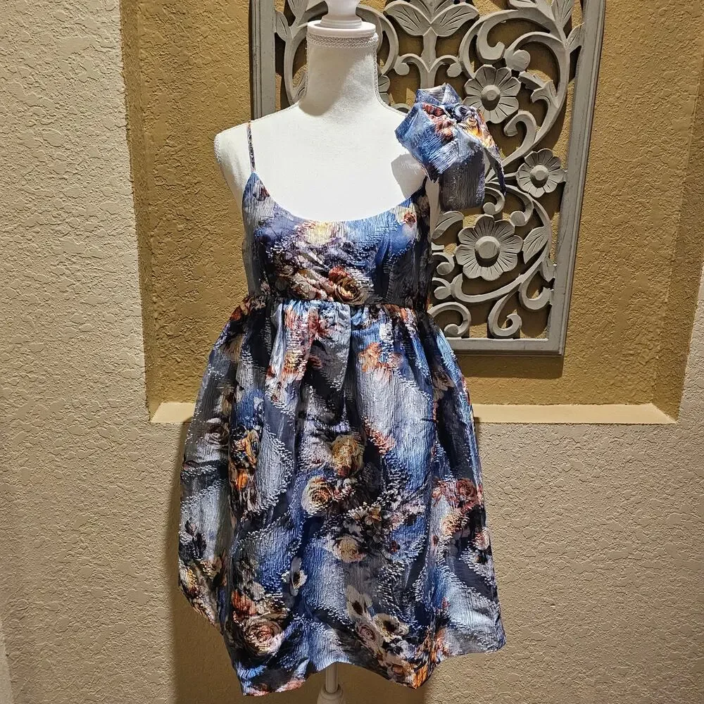Storia Floral Jacquard Mini Dress S One Shoulder Bow Fit & Flare NWT Cottagecore - Picture 3 of 15